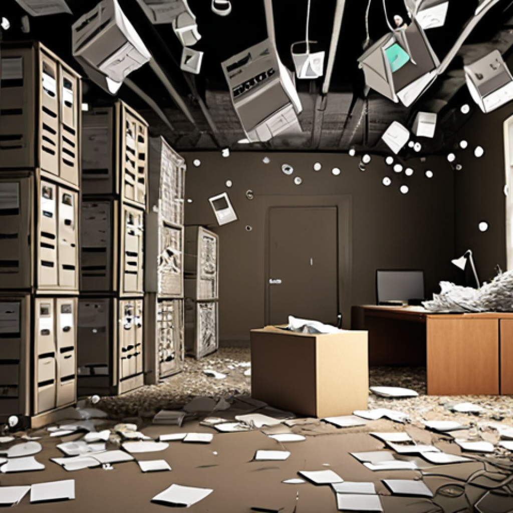 The Unseen Costs of Hidden Knowledge**
A chaotic, dimly lit office space where individual employees are trapped in personal "information silos" represented by transparent, oppressive cubes or bubbles. Disorganized stacks of papers, tangled wires, and frustrated expressions convey a sense of inefficiency and duplicated effort. A faint, muddy path leads nowhere, symbolizing the struggle to access critical information. The overall mood is one of stagnation and overwhelming fragmentation.

**