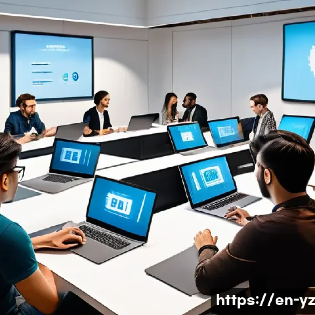 지식 공유 플랫폼의 대안 및 경쟁 분석 - A vibrant digital community scene showing diverse enthusiasts gathered around a large interactive sc...