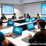 Home 21 지식 공유 플랫폼의 대안 및 경쟁 분석 - A vibrant digital community scene showing diverse enthusiasts gathered around a large interactive sc...