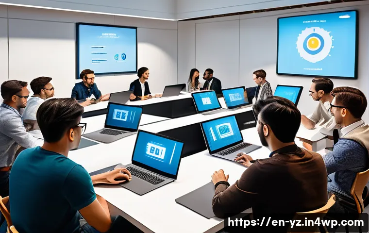 지식 공유 플랫폼의 대안 및 경쟁 분석 - A vibrant digital community scene showing diverse enthusiasts gathered around a large interactive sc...