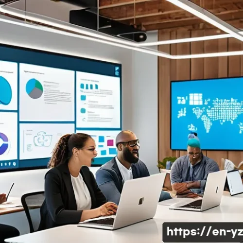 Home 32 지식 공유 시스템의 사례 연구 보고서 - A modern open office environment filled with diverse professionals collaborating around digital devi...