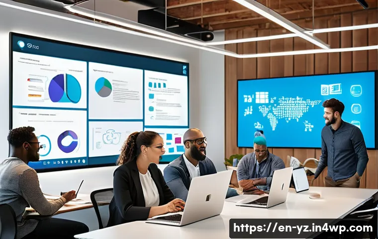 지식 공유 시스템의 사례 연구 보고서 - A modern open office environment filled with diverse professionals collaborating around digital devi...
