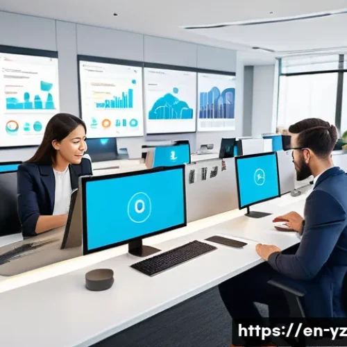 Home 30 지식 공유 시스템을 통한 고객 경험 개선 - A modern open office environment showing a diverse team of professionals collaborating around a larg...